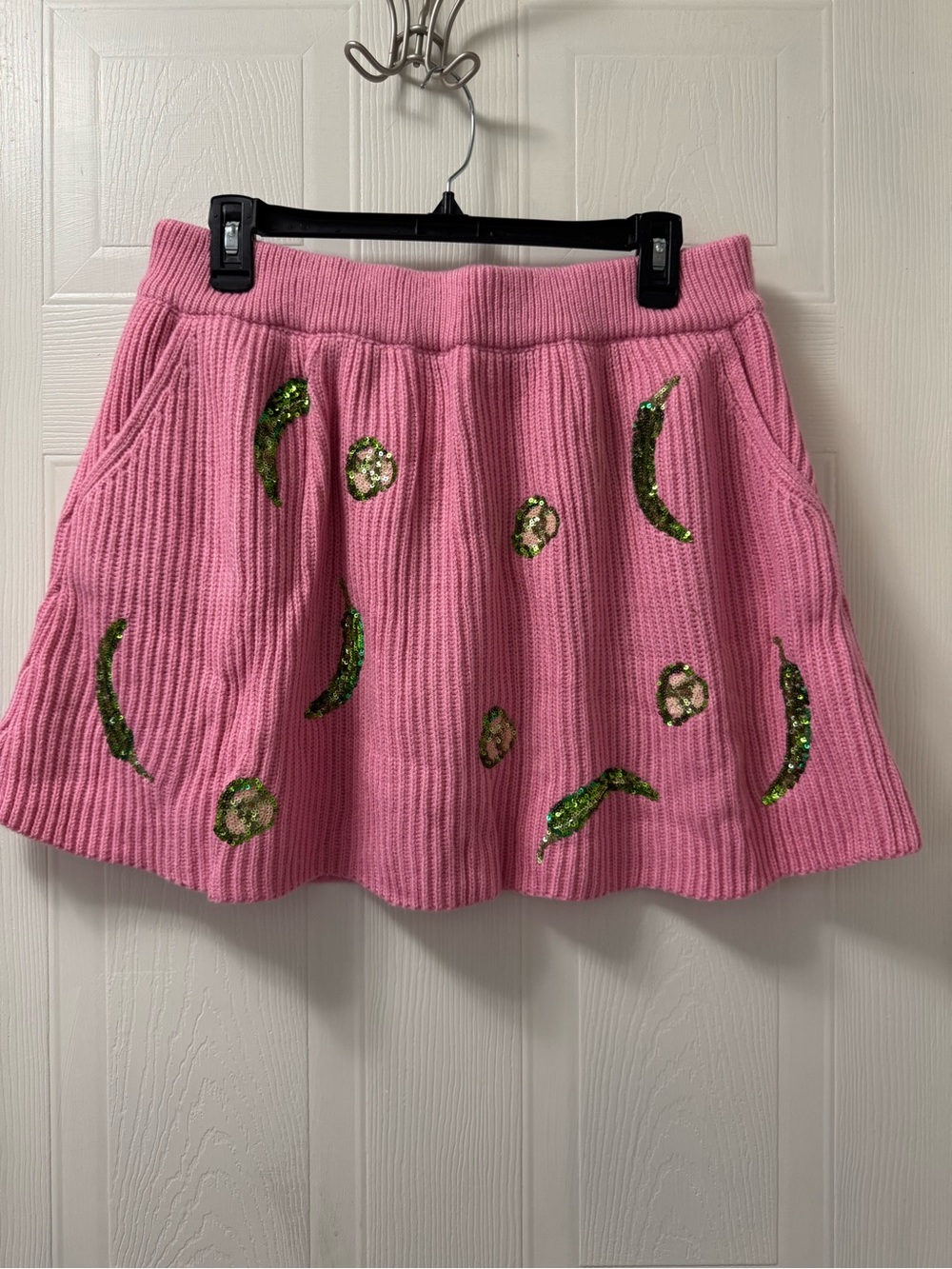 QUEEN OF SPARKLES Pink Knit Skirt with Green Sequin Embellishments